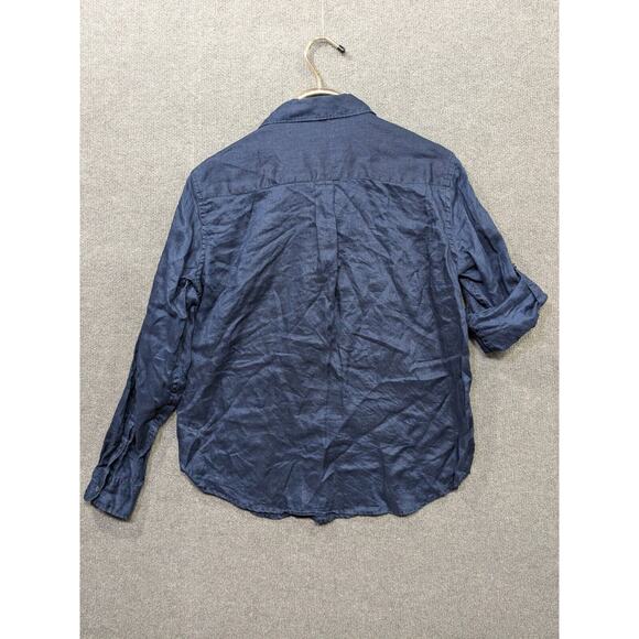 Gap Linen Shirt Womens Large Popover Roll Tab Sleeve Natural Navy Collared - Picture 5 of 10
